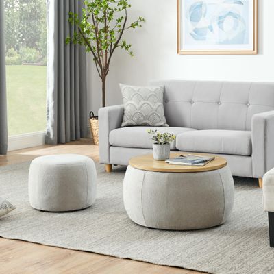 Niccae 2-Piece Set Round Chenille Storage Ottoman, Equipped with a Drum Shaped Small Stool, Storage Space, and MDF Made Desktop Panel (Light Grey, 25"x25"x14.7")