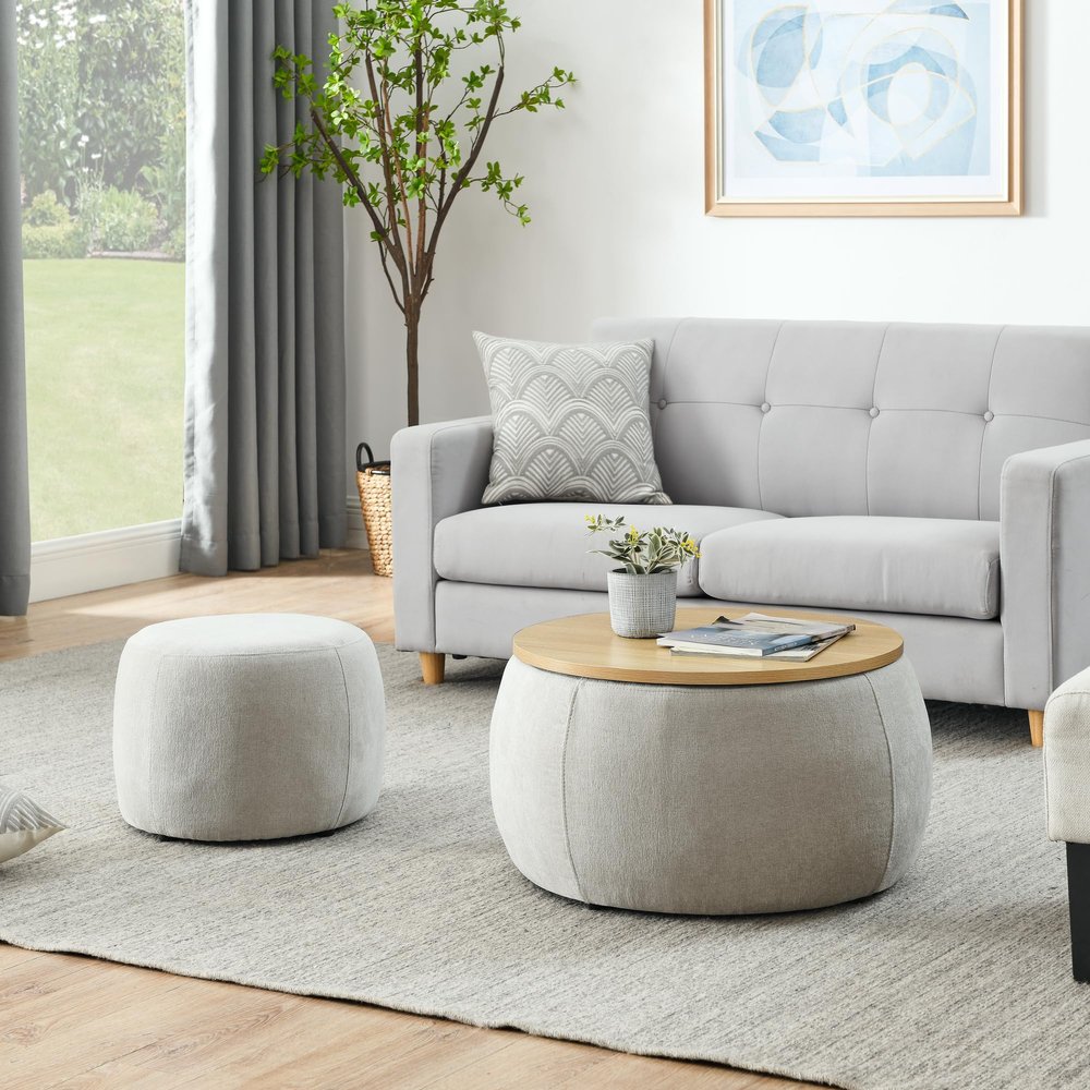 Niccae 2-Piece Set Round Chenille Storage Ottoman, Equipped with a Drum Shaped Small Stool, Storage Space, and MDF Made Desktop Panel (Light Grey, 25"x25"x14.7")