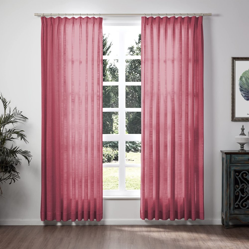 TWOPAGES Red Wine Linen Pinch Pleat Drape for Living Room, Window Treatment Curtain 90 Inches Long Privacy Protection Light Filtering Curtain (1 Panel, 72W x 90L)