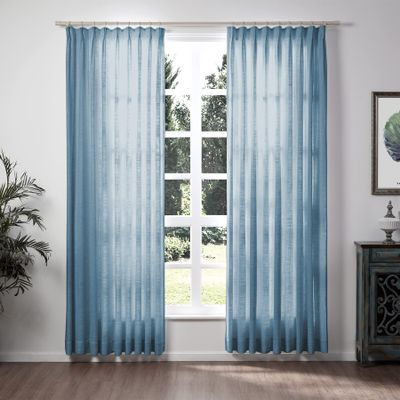 TWOPAGES Aegean Blue Curtain 90 Inches Long Linen Textured Light Filtering Pinch Pleated Drape for Kitchen, Window Treatment Curtain Panel (1 Panel, W84 x L90)