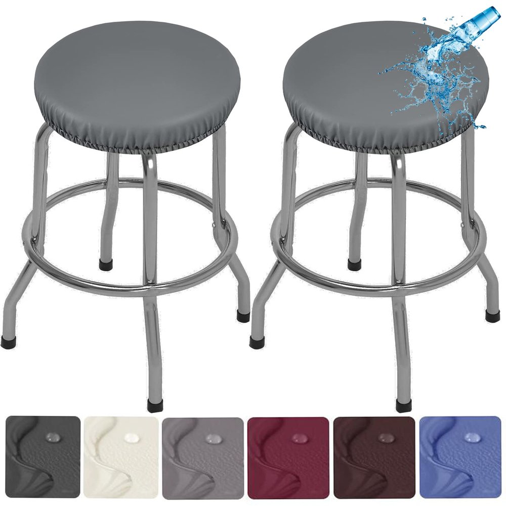 2 Pack PU Bar Stool Covers - Waterproof, Removable, Washable - Gray - Fits 13-18 Inch Round Stools
