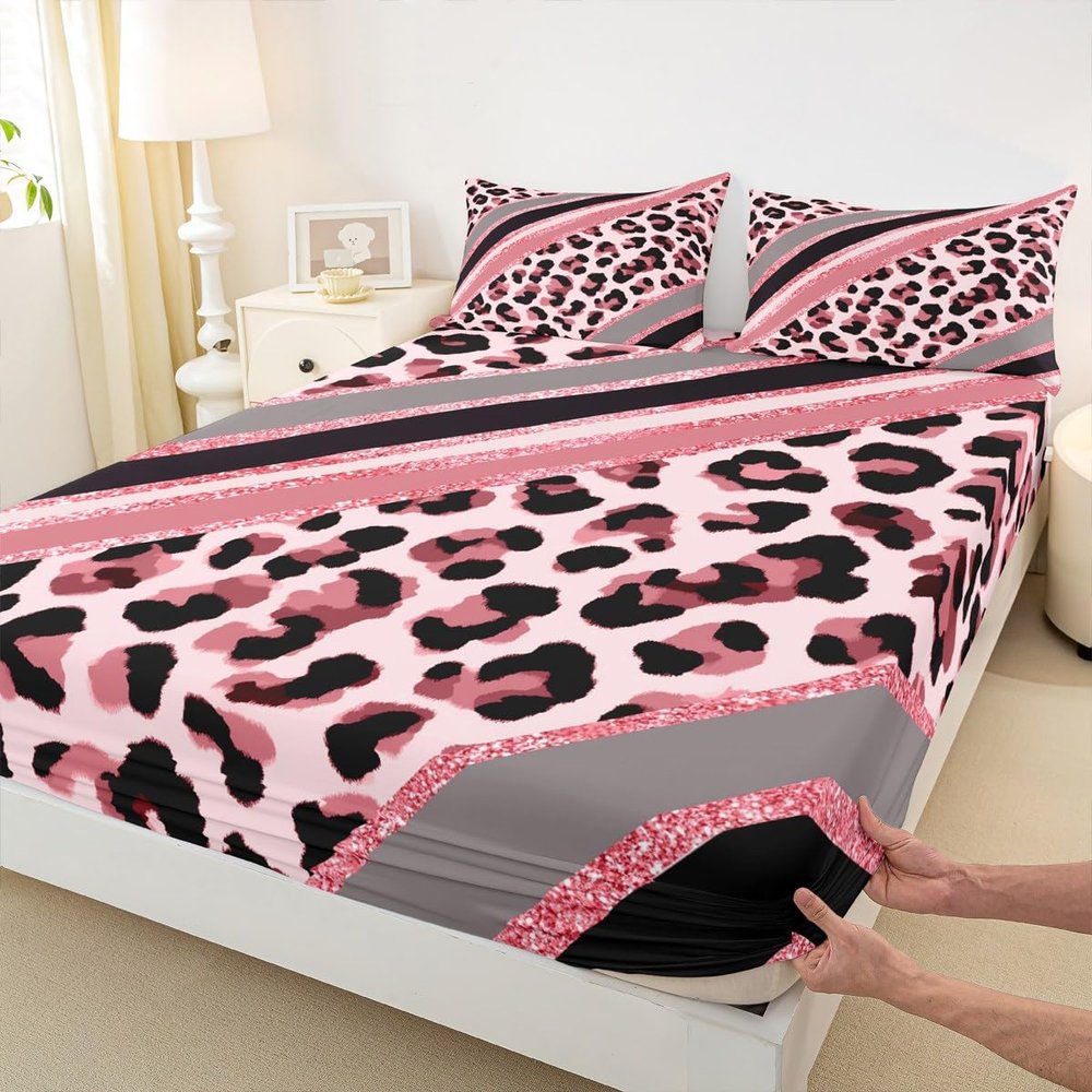 Abstract Leopard Kids Fitted Sheet Full Size,Cheetah Skin Wild Animals Bedding Set,Girls Boys Adults Room Decor,Geometric Stripes Fashion Bed Cover,Pink Dreamy Bed Sheet,2 Pillowcases