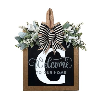 Initial Last Name Spring Door Wreath for Front Door, Welcome Sign Garland with Eucalyptus leaves and Bow Hanging Personalized Farmhouse Wreath for All Seasons Outside Hanger Decor Gifts(C)