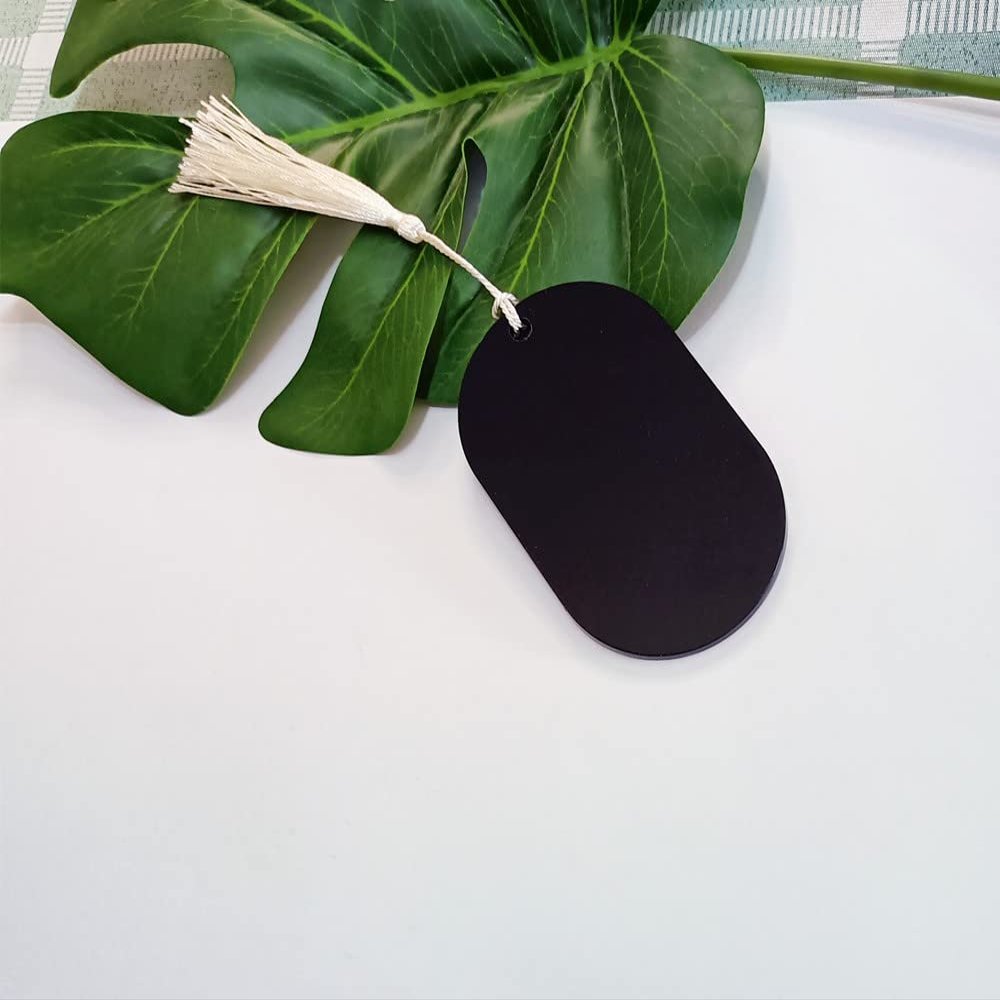 Yuxuanish 12pcs of Oval Name Place Cards,DIY Acrylic Handwritten Calligraphy Seating Escort Cards Blanks with Tassels for Wedding,Party,Event Decor (Black)