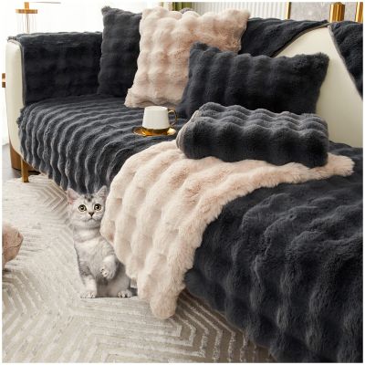 AWAV Sofa Slipcover Corner 3/2/1/4 Seater Sofa Cover Thick Rabbit Plush Sofa Cushion, Non-Slip Sofa Cover, L Shape Couch Cover Sofa Protector, Washable for Sectional Couch (Black,70x210cm)