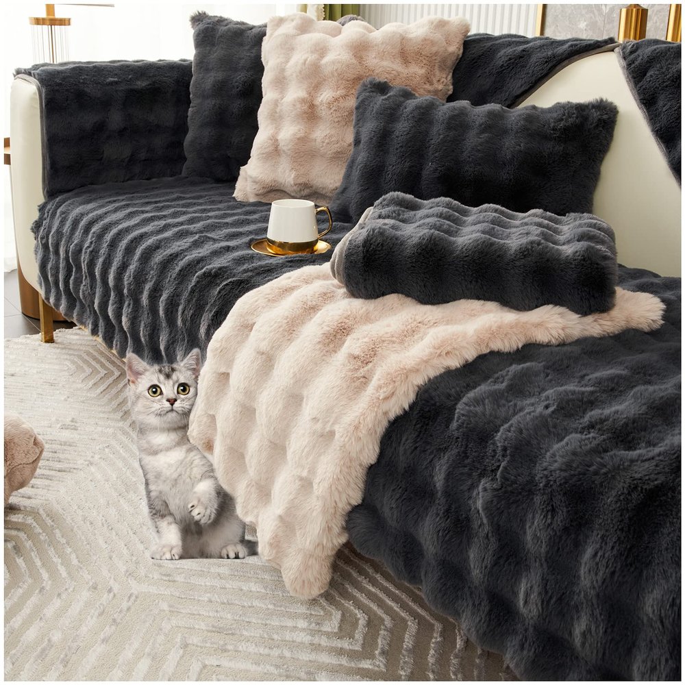 AWAV Sofa Slipcover Corner 3/2/1/4 Seater Sofa Cover Thick Rabbit Plush Sofa Cushion, Non-Slip Sofa Cover, L Shape Couch Cover Sofa Protector, Washable for Sectional Couch (Black,70x210cm)