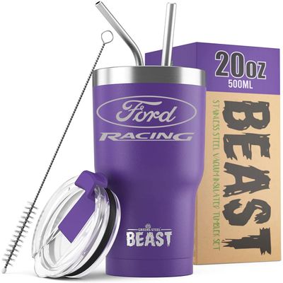 Ford Racing Logo Beast 20 oz Stainless Steel Insulated Tumbler w/Lid, 2 Straws, Brush and Gift Box purple