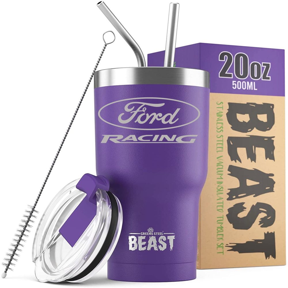 Ford Racing Logo Beast 20 oz Stainless Steel Insulated Tumbler w/Lid, 2 Straws, Brush and Gift Box purple