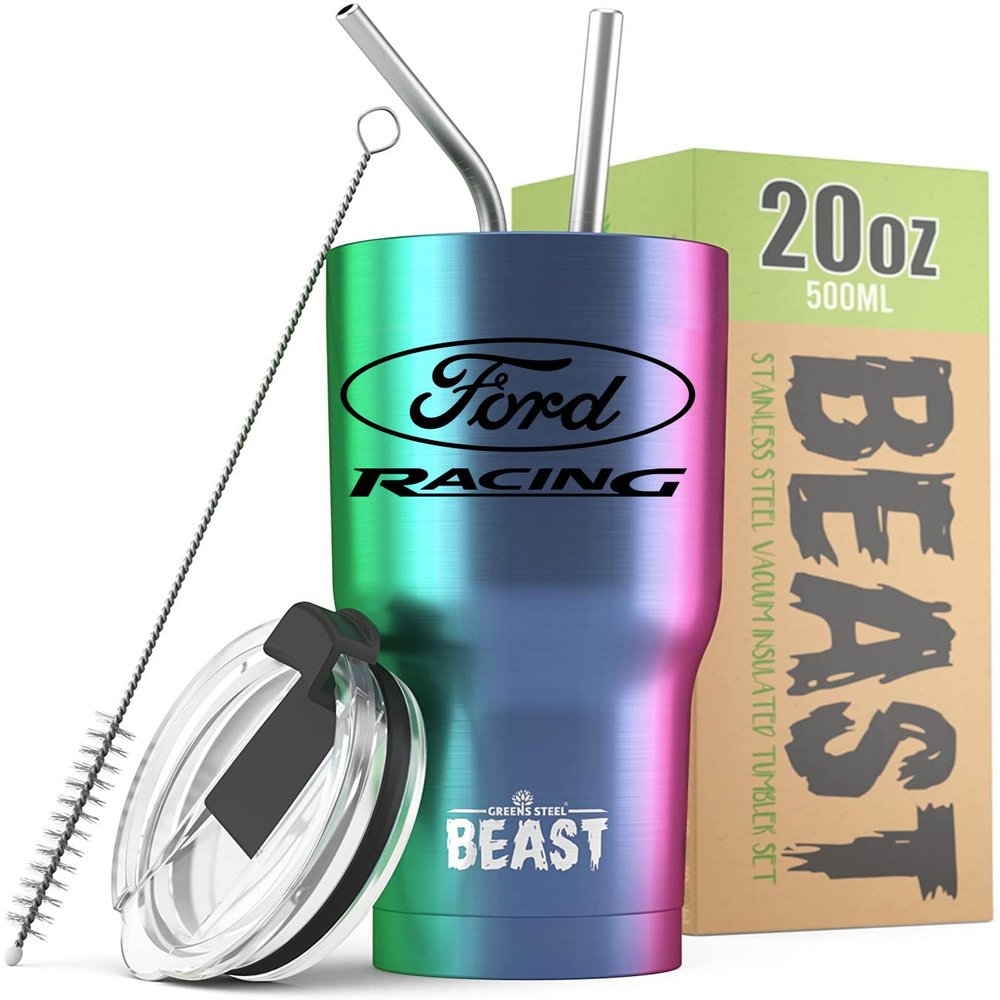 Ford Racing Logo Beast 20 oz Stainless Steel Insulated Tumbler w/Lid, 2 Straws, Brush and Gift Box rainbow