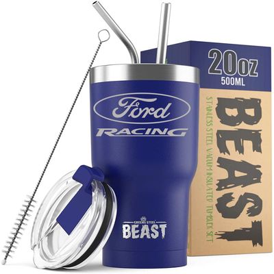 Ford Racing Logo Beast 20 oz Stainless Steel Insulated Tumbler w/Lid, 2 Straws, Brush and Gift Box royal