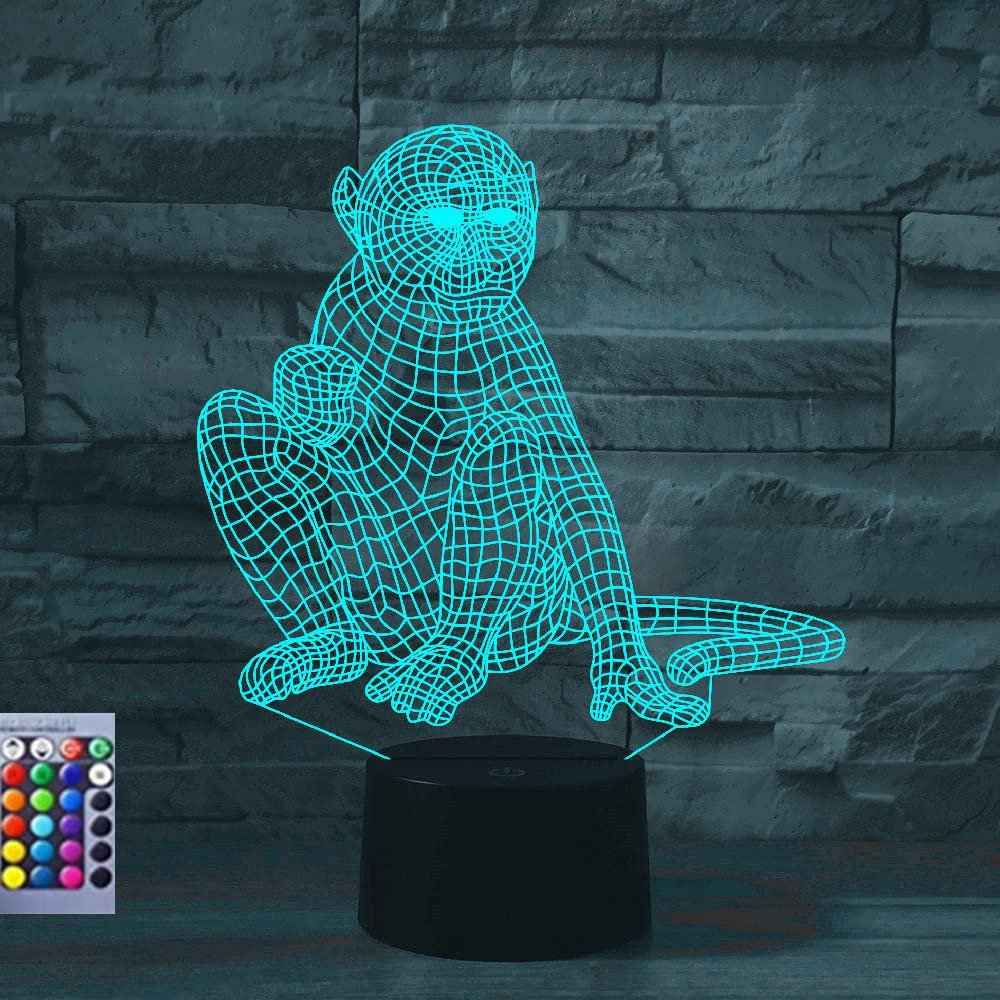 Jinnwell 3D Monkey Night Light Lamp Illusion 16 Color Changing Table Desk Decoration Lamps Acrylic Flat ABS Base USB Cable Birthday Gift Toys