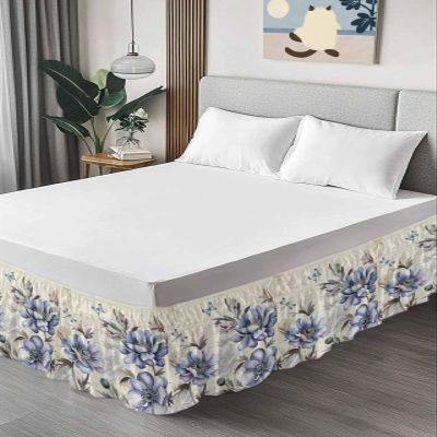 Blue Flower Bed Skirt King Size 18 Inch Drop, Elastic Wrap Around Bed Skirt with Adjustable Belt, Rustic Floral Leaves Butterfly Farm Vintage Beige Dust Ruffle Bedskirt Luxury Bed Valance