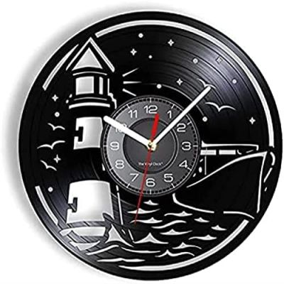 Wall Clock Battery Operated Silent Non-Ticking 12 Inch Sailing On The Sea Vinyl Wall Clock Lighthouse Streamship Signal Lamp Sea Gull Animal Wall Watch Retro Voyagers' Gift