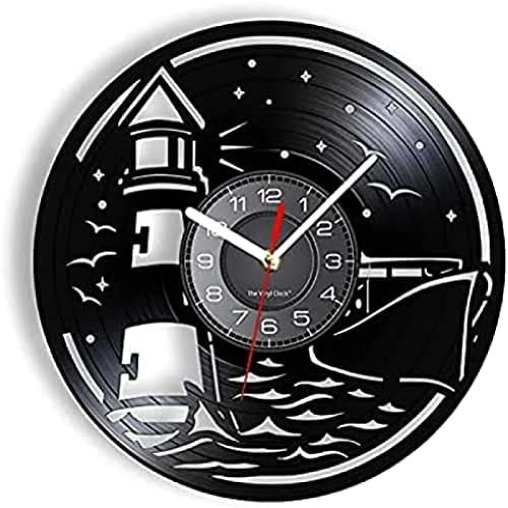 Wall Clock Battery Operated Silent Non-Ticking 12 Inch Sailing On The Sea Vinyl Wall Clock Lighthouse Streamship Signal Lamp Sea Gull Animal Wall Watch Retro Voyagers' Gift