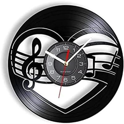 Wall Clock Battery Operated Silent Non-Ticking 12 Inch Treble Bass Clef Heart Wall Clock Music Studio Room Wall Decor Music Notes Heart Vinyl Record Clock Musicians Valentines Gift