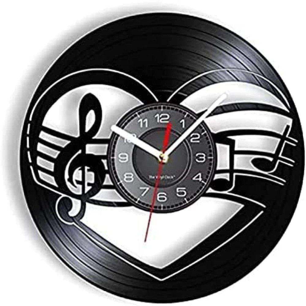 Wall Clock Battery Operated Silent Non-Ticking 12 Inch Treble Bass Clef Heart Wall Clock Music Studio Room Wall Decor Music Notes Heart Vinyl Record Clock Musicians Valentines Gift