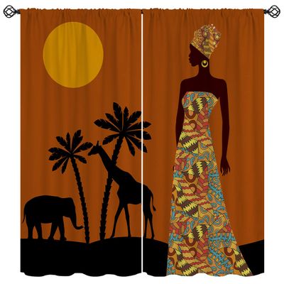 African Woman Blackout Curtains for Girls Boy Home Decor, Bohemian Ethnic Giraffe Elephant Orange Rod Pocket Thermal Insulated Drapes Darkening Window Curtain for Bedroom Living Room, 42 x 45 Inch