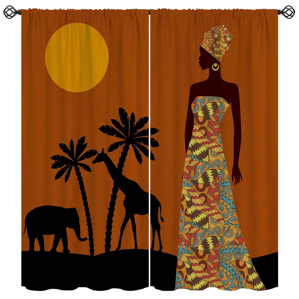 African Woman Blackout Curtains for Girls Boy Home Decor, Bohemian Ethnic Giraffe Elephant Orange Rod Pocket Thermal Insulated Drapes Darkening Window Curtain for Bedroom Living Room, 42 x 45 Inch