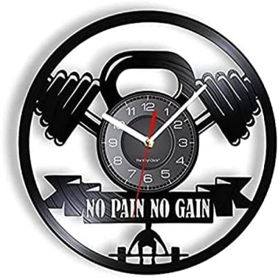 Wall Clock Battery Operated Silent Non-Ticking 12 Inch NO Pain NO GAIN Barbell Weight Lifting Silent Wall Clock Home Gym Fitness Room Sign Vinyl Record Wacth for Bodybuilding Center
