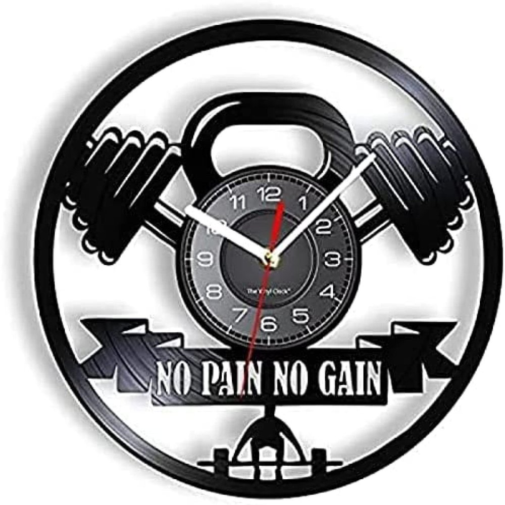 Wall Clock Battery Operated Silent Non-Ticking 12 Inch NO Pain NO GAIN Barbell Weight Lifting Silent Wall Clock Home Gym Fitness Room Sign Vinyl Record Wacth for Bodybuilding Center