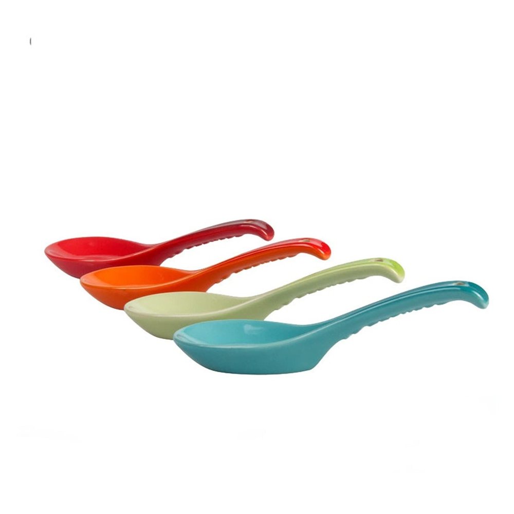 Soup Spoons 4pcs Chinese Soup Spoon Set Long Handle Stoneware Porcelain Rice Spoon Dinner Spoon Table Spoon (Color : 1)