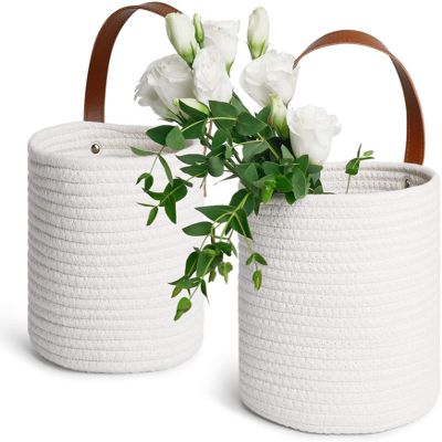 2 PCS Small Hang Basket Rope - 7.87" x 7" White Cotton Wall Basket for Key, Sunglasses, Wallet on Door - Modern Woven Basket Decoration, White Hanging Basket