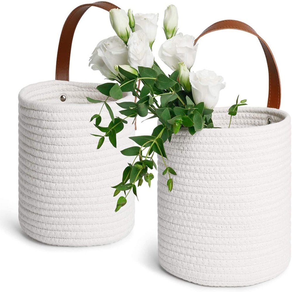 2 PCS Small Hang Basket Rope - 7.87" x 7" White Cotton Wall Basket for Key, Sunglasses, Wallet on Door - Modern Woven Basket Decoration, White Hanging Basket