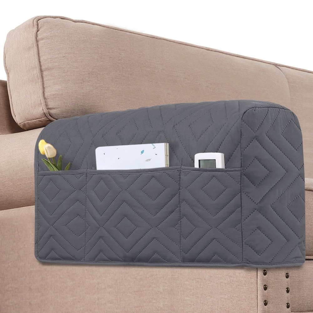 H.VERSAILTEX Armrest Covers for Sofa Water Resistant Couch Arm Covers Remote Control Holder Sofa Armrest Organizer for Magazine, Tablet, Phone, iPad(Set of 2, Gray/Beige)