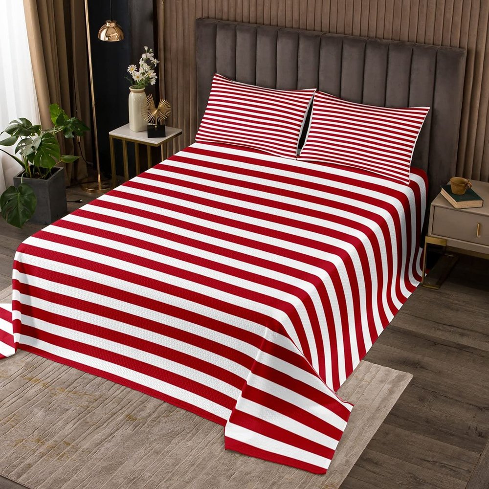 Erosebridal Girl Stripe Quilt Set Queen Size Red White Ticking Stripes Bedspread Set Bedroom Decor Horizontal Striped Lines Coverlet Set for Kids Women Modern Abstract Bedding Set