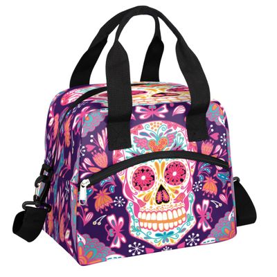 Insulated Lunch Bag Women Men Skull Floral Pattern Large Reusable Lunch Box Leakproof Lunch Tote Bag Cooler Bag with Adjustable Shoulder Strap Travel Picnic Work Beach