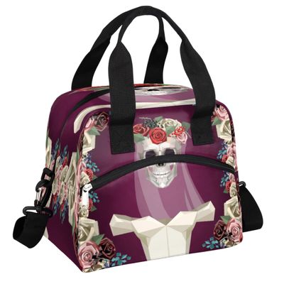 Insulated Lunch Bag Women Men Skull Bride Flower Large Reusable Lunch Box Leakproof Lunch Tote Bag Cooler Bag with Adjustable Shoulder Strap Travel Picnic Work Beach