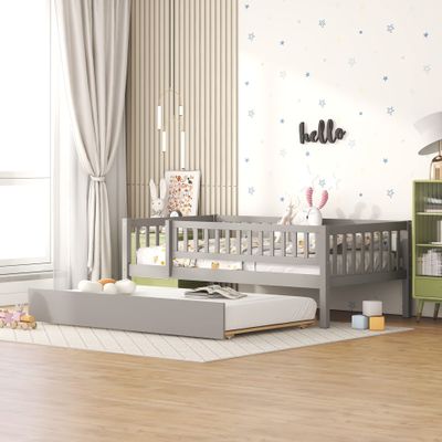 Harper & Bright Designs Twin Daybed with Trundle, Wood Twin Size Kids Bed Frame with Fence, Twin Trundle Bed for Girls, Boys, Twin Platform Bed for Living Room, Bedroom, No Box Spring Needed (Gray)