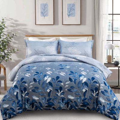 DJY Blue Comforter Set Queen, Navy Botanical Leaves Comforter for Queen Bed 3 Pieces Reversible Floral Bed Comforter Sets Soft Microfiber Bedding Set for All Season (90"x90")