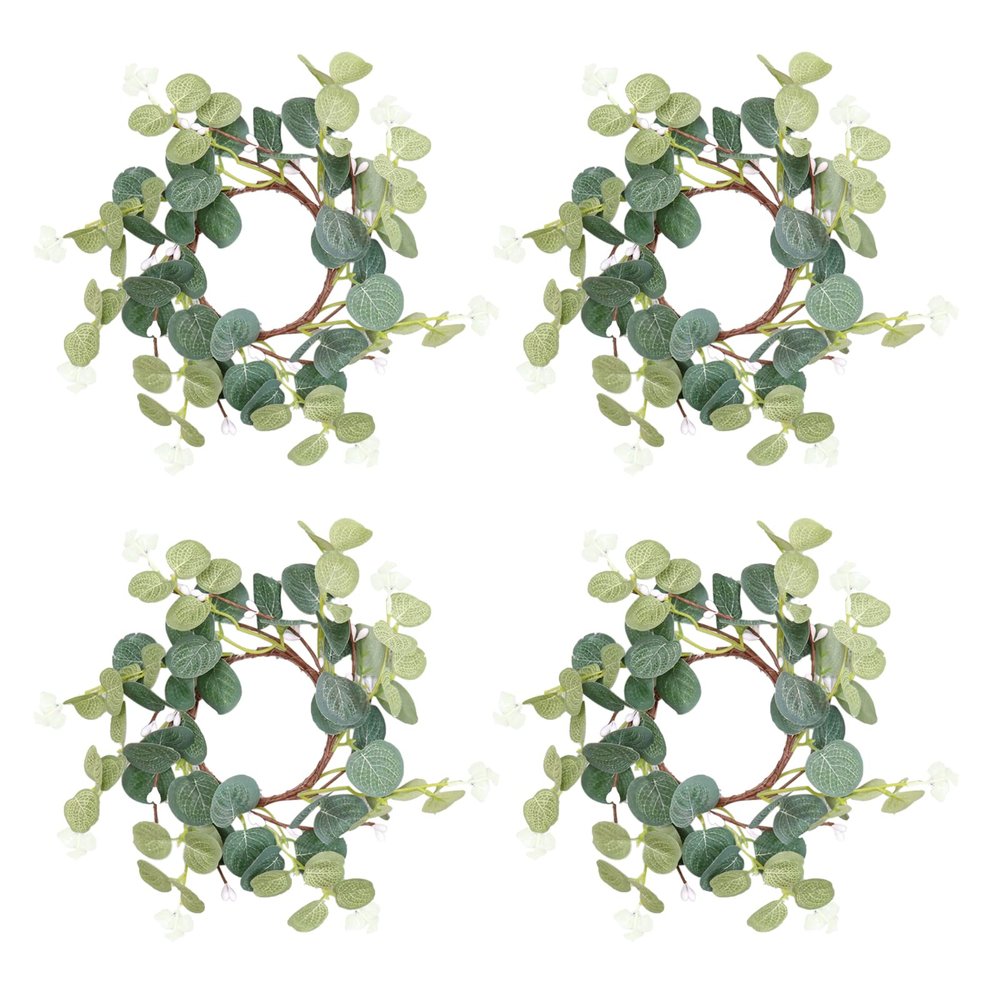 TITA-DONG 4 Pcs Candle Rings Wreaths, 10 Inch Artificial Eucalyptus Leaves Wreaths Greenery Candleholders, Rustic Farmhouse Decorative Wreath for Easter Christmas Wedding Party Home Table Door(#1)