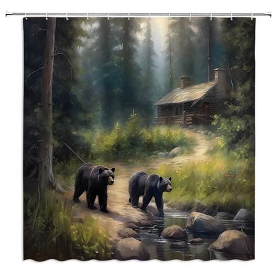 GIXKOXE Black Bear Shower Curtain Green Forest Bears Family Vintage Cabin Wildlife Country Natural Scenery Bathroom Decor Curtains Polyester with Hooks