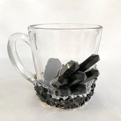 AANTHROPOLOGY By Rhea Set of 2 |Crystal Glass Coffee/Tea/Juice Mugs with Gold Plated Black Agate Semi - precious Crystals | 11 oz/320 ml (Silver - Finish)