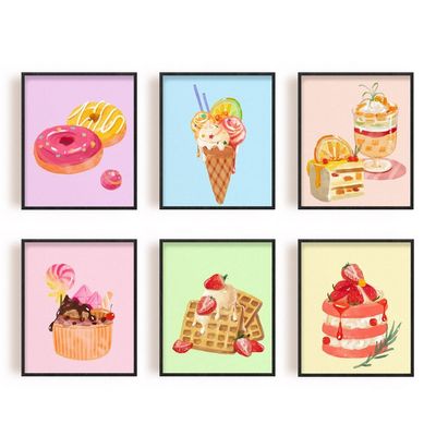 SUPERDANT Wall Art Set of 6 Unframed Canvas Prints, Dessert Poster, Ice Cream, Cake, Pink Modern Art, Girls Bedroom Decor, 20x25cm