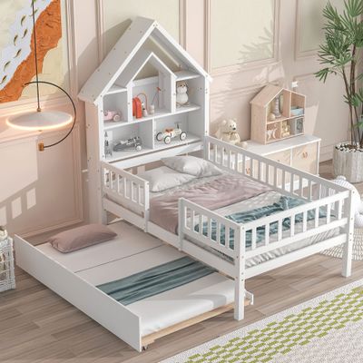 Modern Wooden Twin Size House Bed with Trundle,Platform Bed with House-Shaped Headboard and Fence Guardrails,for Kids Teen Toddler Use (White@e, Twin)