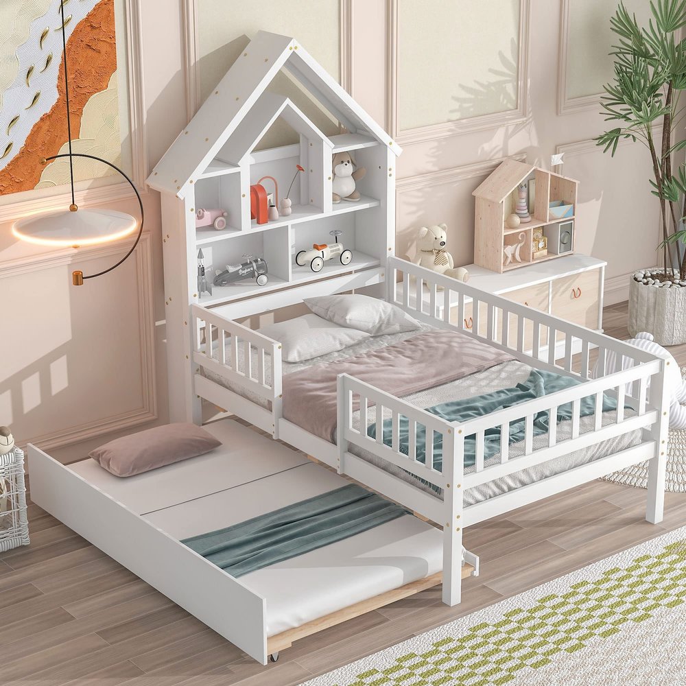 Modern Wooden Twin Size House Bed with Trundle,Platform Bed with House-Shaped Headboard and Fence Guardrails,for Kids Teen Toddler Use (White@e, Twin)