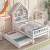 Modern Wooden Twin Size House Bed with Trundle,Platform Bed with House-Shaped Headboard and Fence Guardrails,for Kids Teen Toddler Use (White@e, Twin) view 1