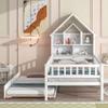 Modern Wooden Twin Size House Bed with Trundle,Platform Bed with House-Shaped Headboard and Fence Guardrails,for Kids Teen Toddler Use (White@e, Twin) view 3
