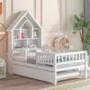 Modern Wooden Twin Size House Bed with Trundle,Platform Bed with House-Shaped Headboard and Fence Guardrails,for Kids Teen Toddler Use (White@e, Twin) view 4