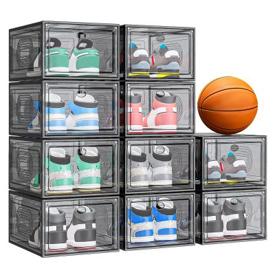 caktraie 10 Pack Thicken Shoe Organizer Stackable,Upgraded Sturdy Shoe Storage Box with Magnetic Door,Shoe Containers For Sneaker Display,Hat Organizer,Black