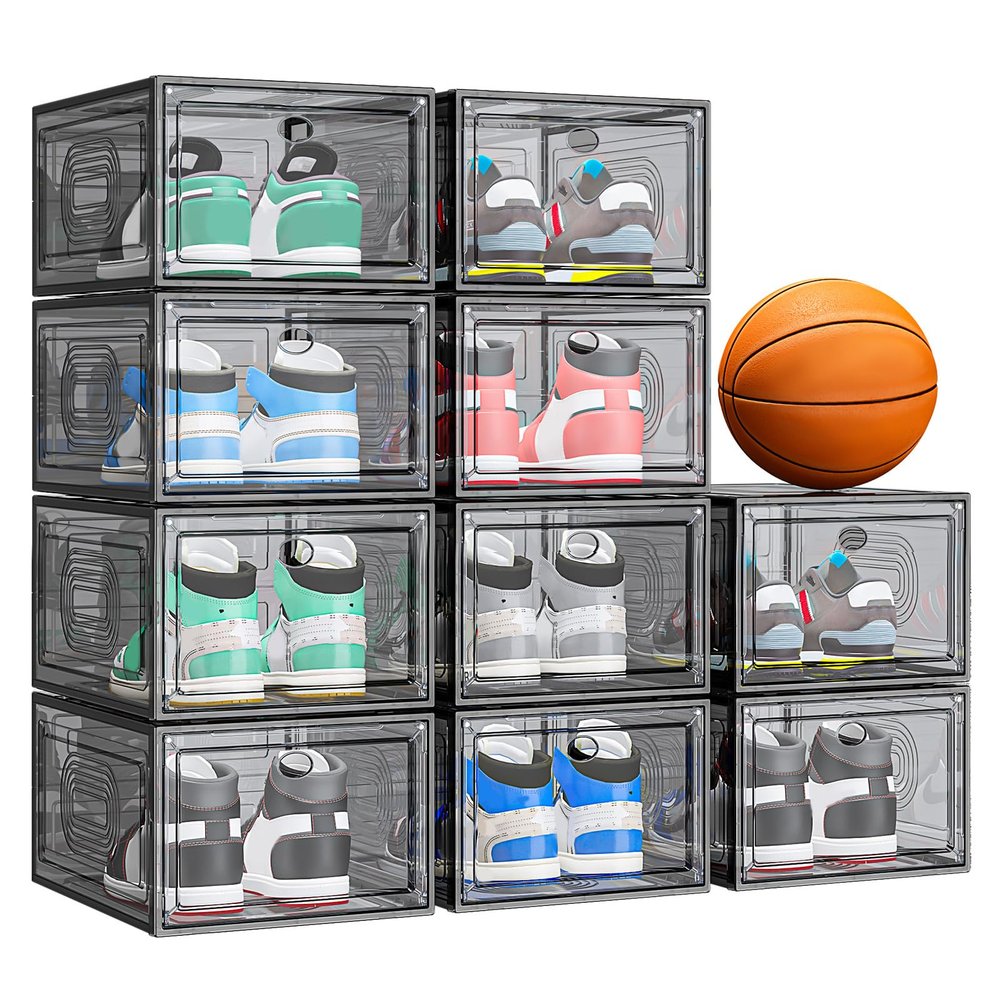 caktraie 10 Pack Thicken Shoe Organizer Stackable,Upgraded Sturdy Shoe Storage Box with Magnetic Door,Shoe Containers For Sneaker Display,Hat Organizer,Black