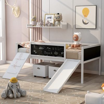 TRIPLE TREE Twin Size Loft Bed with 2 Storage Boxes, Slide, Chalkboard and Climbing Frame, Multi-Functional Loft Bed Frame with Underbed Space for Boys & Girls, White