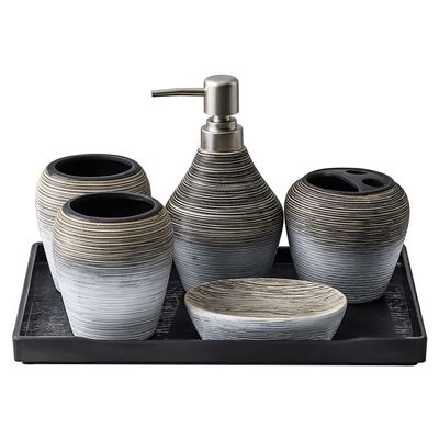 RMENST Bathroom Accessories Set, 6-Piece Ceramic Bath Countertop Set with Vanity Tray, Soap Dish, Soap & Lotion Dispenser, Toothbrush Holder