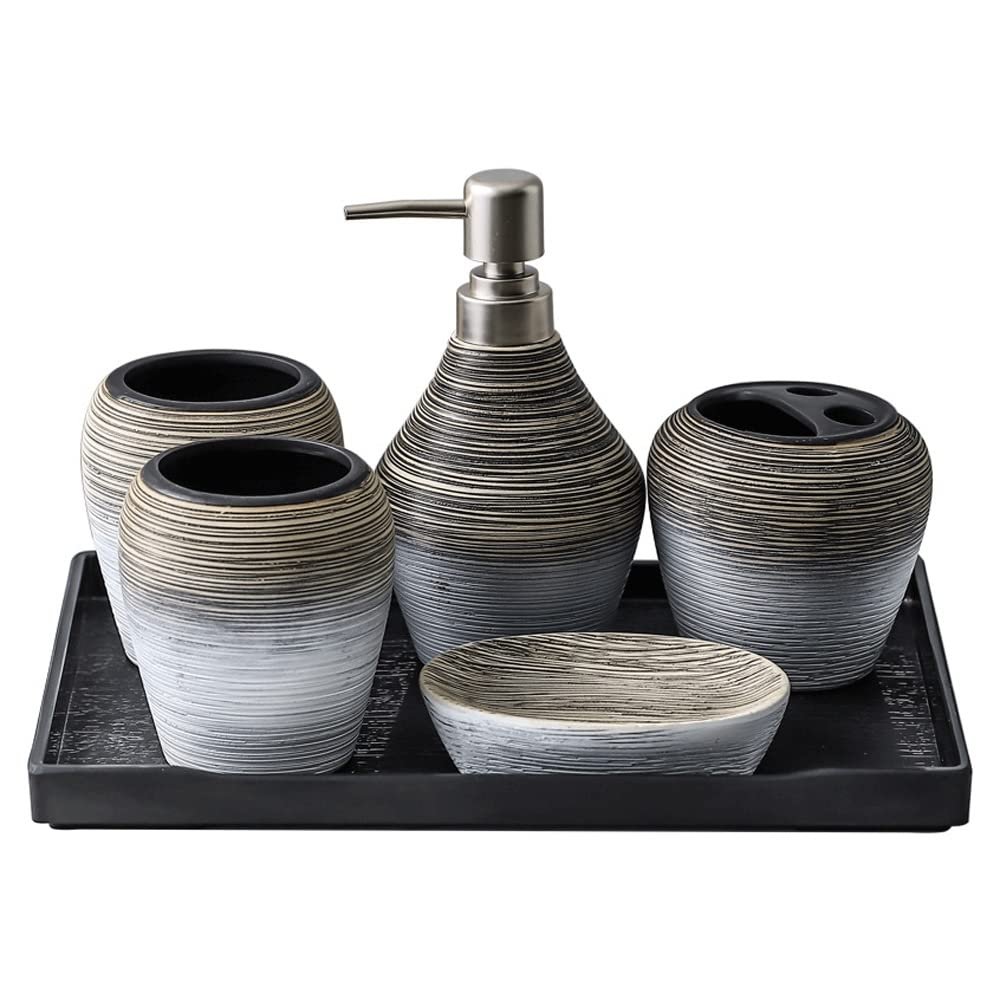 RMENST Bathroom Accessories Set, 6-Piece Ceramic Bath Countertop Set with Vanity Tray, Soap Dish, Soap & Lotion Dispenser, Toothbrush Holder