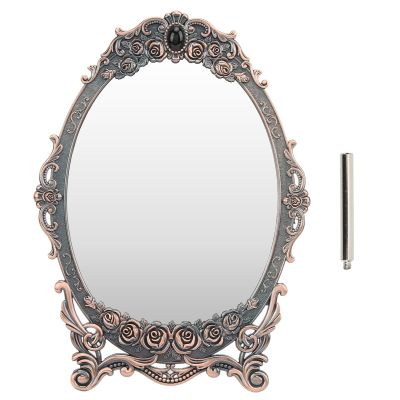 Pilipane Metal Countertop Vanity Makeup Mirror Rose Embossed Antique Oval Mirror with Stand for Bedroom, Decorative Vintage Tabletop Mirror, Dressers, Living Room, Bathroom(Red Copper Mirror)