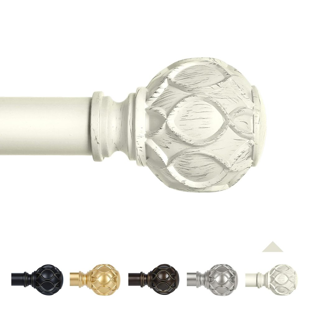 TANGWIN White Farmhouse Curtain Rods for Windows:66-120" Heavy Duty Adjustable Curtain Rod for Bedroom Living Room,Boho Decorative Rustic Drapery Rods with Vintage Coastal Texture Finial,Antique White