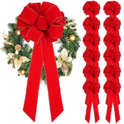 Kigeli Large Christmas Bow 10"x 26" Handmade Big Red Velvet Ribbon Outside Christmas Wreath Bow Christmas Tree Topper Ornament Bow for Indoor Outdoor Xmas Home Cabinet Decoration(12 Pcs)